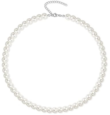 Candyfancy Perlenkette Damen Perlen Kette Weiße Runde Simulierte Glasperlen Kette, Halskette Perlen Weiß für Damen Frauen und Mädchen Mutter Geburtstag Geschenke, Weiße Perlen 6mm