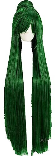 NEZIH Anime Coser Sailor Moon Sailor Pluto Meiou Setsuna Cosplay Perücken Lang Grün Mit Abnehmbarer Brötchen Hitzebeständig Synthetische Haarperücke + Perücke Kappe, Dekorative Accessoires