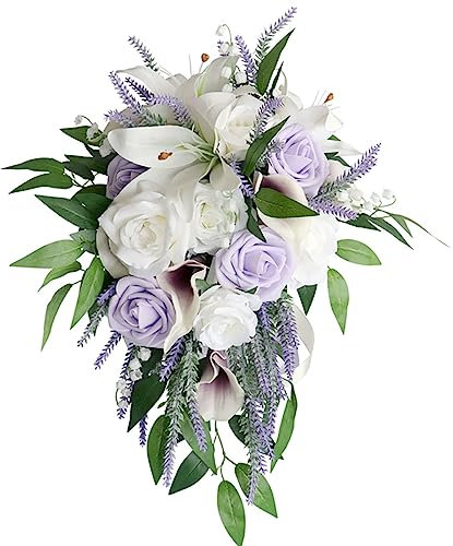 Hochzeitsstrauß für Braut, weiße Calla-Lilie, violette Rose, Wasserfall, romantische Hochzeitssträuße, Blumen, kaskadierende Brautsträuße für Hochzeitszeremonie und Jahrestag, Party, Heimdekoration, C