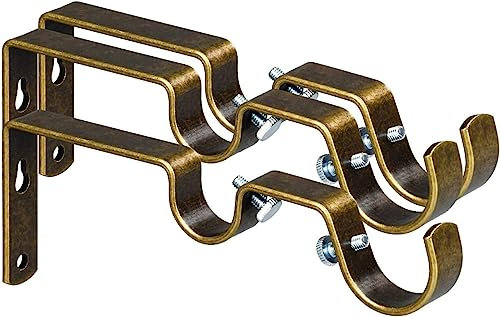 Generic Soportes de barra de cortina dobles resistentes (3 unidades, latón envejecido, metal, montaje en pared, acabado de latón envejecido)