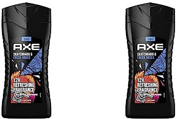 Axe Skateboard & Fresh Roses 3in1 Duschgel Herren Body Hair Face 12h frischen Duft auf Pflanzenbasis (1 x 250 ml) (Packung mit 2)