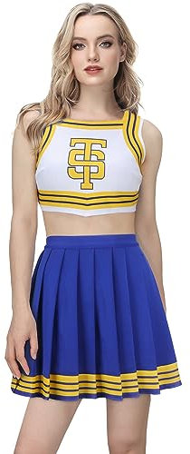 Mokkin Tay Cheerleader-Kostüm für Erwachsene, Mädchen, Schnelles Cheerleading-Crop-Top Mit Faltenrock, Halloween-Outfit (Blau, Groß)
