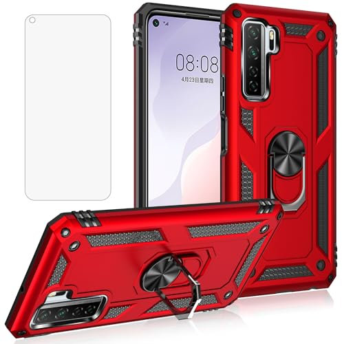 Asuwish Handyhülle für Huawei P40 Lite 5G Hülle mit Glas Folie Schutzfolie und Magnetisch Ring Ständer Handyhüllen Cover Hawaii P40Lite P 40 40Lite Slim Handy Hüllen Schutzhülle Phone Case Rot