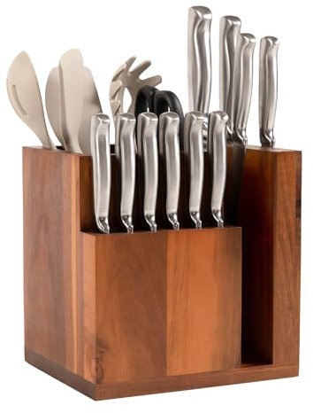 KitchenEdge Bloc magnétique Acacia pour couteaux et ustensiles de cuisine, rangement élégant pour couteaux de chef, couteaux à viande, spatules, ciseaux, pieds en caoutchouc antidérapants