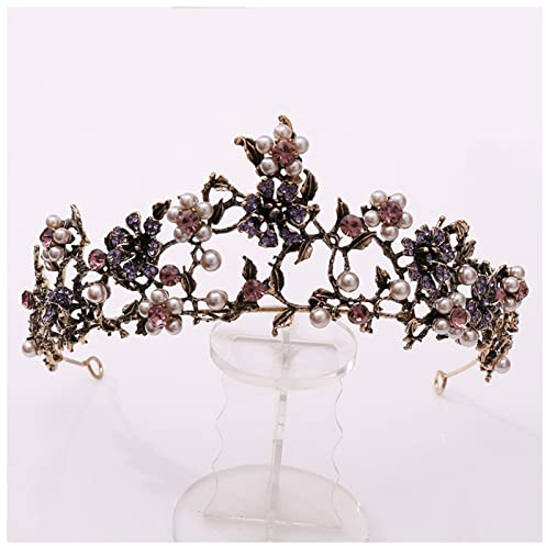 FrEshn Krone Barock Vintage Schwarz Lila Kristall Perlen Braut Tiaras Crown Strass Pageant Diadem Schleier Tiara Hochzeit Haarschmuck Krone Damen (Size : Purple)