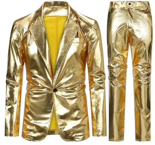 Allthemen Herren Smoking Kostüm Anzug Party Disco Anzüge Glitzer Karneval | 2 Teilig, Regular Fit, Hochzeit Weihnachten Halloween, Sakko Hose Gold, 1 Knopf, Steampunk, 70er Jahre
