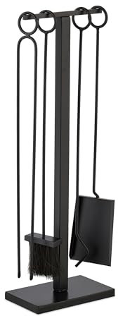 Relaxdays Kaminbesteck, 5-teiliges Set, Schürhaken, Ascheschaufel, Besen, Zange & Ständer, Kamingarnitur modern, schwarz