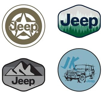 Jeep Wrangler JK, Oscar Mike Green, montagne in scala di grigi, pini, adesivi con logo, confezione da 4