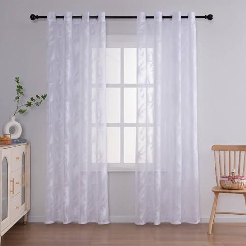 Homxi Gardinen mit Tüll 2er Set,2 x 140W x 100H cm,Gardinen Wohnzimmer Halbtransparent Weiß Palmen Muster Wohnzimmer Gardinen mit Ösen