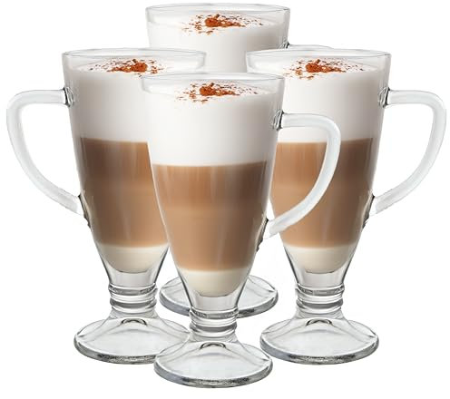 Premier Housewares Curved Handle Set of Four Latte Glasses | Elegant Design Coffee Cups Glasses | Leak Proof Glass Coffee Mugs | Versatile Latte Mugs