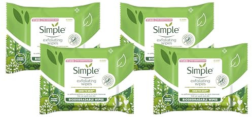 Simple biodegradable Exfoliating Face Wipes cleansing wipes to smooth skin and unclog pores for sensitive skin 20 wipes (Pack of 4)