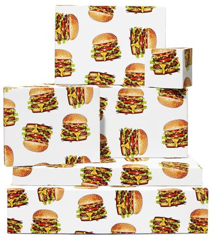 Burger Geschenkpapier – 6 Blatt Weißes Geburtstagsgeschenkpapier – Hamburger – Lustiges Geschenkpapier Für Männer Und Frauen – Mit Aufklebern – Von Central 23