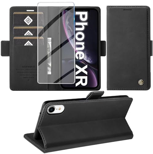 Giyer Handyhülle für iPhone XR Hülle mit Schutzfolie, Kartenfach Wallet Klapphülle Premium Leder Standfunktion Schutzhülle für iPhone XR Flip Case Cover Tasche (Schwarz)