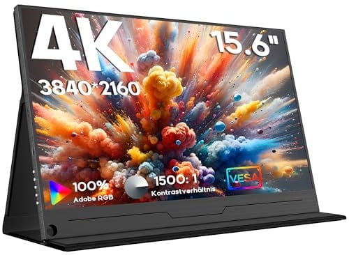 HONGO Portable Monitor 4K, 15.6 3840x2160 Tragbarer Monitor IPS 100% sRGB Mobiler Monitore mit Zwei Lautsprecher, Erweiterung Bildschirm für Laptop/PC/Mac/PS5/4/X-BO, USB C HDMI mit Schutzhülle
