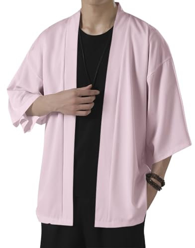 Oanviso Uomo Stile Cinese Cardigan Leggero Traspirante Cardigan Vintage Tang Camicia Tinta Unita Manica 3/4 Cardigan Classico Hanfu Casual Estate Magliette Tradizionale retrò Tops A Rosa L