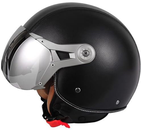 Jethelm mit Sonnenblende, Retro Motorradhelm Leder mit 7-Absätze-Sicherheitsschnalle, ECE 22.06 Zertifiziert, Motorradkreuzer-Rollerhelm im Deutschen Stil (57-62cm)