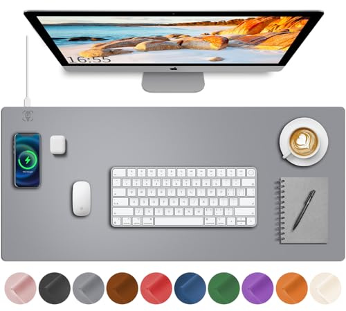 Desk Mat with Wireless Charging, Grey Mouse Pad with Wireless Charger, Desk Pad Matt for Desktop, Mousepad Gaming Large Mouse Pad, Leather Compute for Keyboard and Mouse, 32 x 16