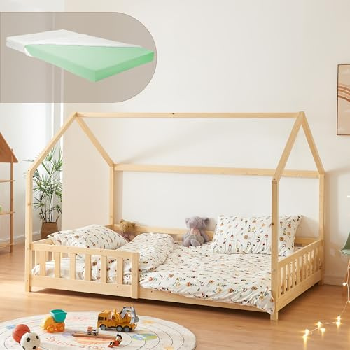 [en.casa] Kinderbett Hesel Hausbett mit Matratze 140 x 200 cm Holzoptik mit Rausfallschutz und Lattenrost Montessori Bodenbett Jugendbett Holzbett