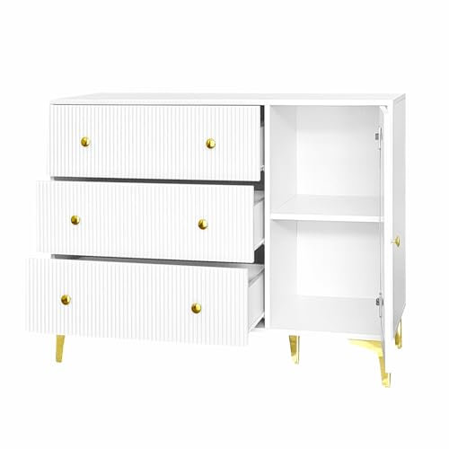 Buffet avec porte en verre, trois tiroirs à motif ondulé, panneaux en mélamine, blanc