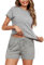 Litherday Schlafanzug Damen Kurz Baumwolle Zweiteiliger Pyjama Set Sommer Gestreift Sleepwear Kurzarm Nachtwäsche Rundhals mit Tasche Hellgrau M