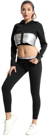 Meichoon Ensemble de sudation léger pour femme - Veste amincissante - Haut et bas - Manches longues - Entraînement de gym, Noir , M