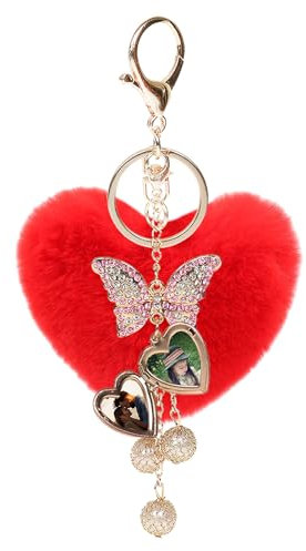 JK Home Porte-clé à Pompon en Peluche Personnalisé Coeur Porte-Clef Pendentif avec Papillon Cristal pour Anniversaire Noël Fêtes des Mères Papillon Rouge