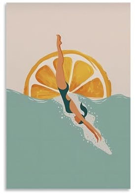 Poster mit Essen und Trinken einer Frau im Badeanzug, die auf orangefarbenen Scheiben schwebt, Wandkunst, dekoratives Gemälde, Wandbild, moderne Dekoration, hängendes Kunstposter, 30 x 45 cm