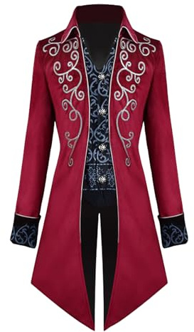 QEKFDOV Medieval Steampunk Men Tailcoat Jacket,Victorian Renaissance Gothic Retro Coat,for Halloween Party Costumes (Red, M)