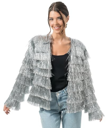 Chaks - Lametta Jacke Damen Metallic für Festival und Party | Fransenjacke mit offenem Schnitt, Disco-Look, Festival, Mottoparty, Karneval, Silvester