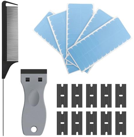 132 PCS Hair Extension Tapes Set, Double Sided Adhesive Tapes with Scraper Blade Comb for Remove Tapes, Waterproof Hair Extension Tape Replacemen for Lace Wig Hairpiece Hair Weft Toupee (4 x 0.8 cm)
