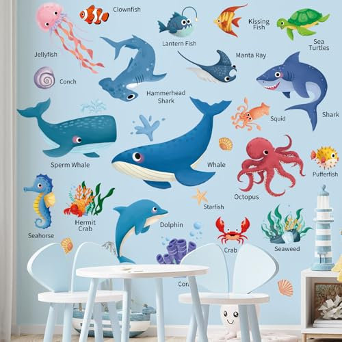 SHUCHING Wandtattoo Unter dem Meer Tiere, Wandaufkleber Wale Haie, Selbstklebend Wandsticker für Spielzimmer Kinderzimmer Babyzimmer