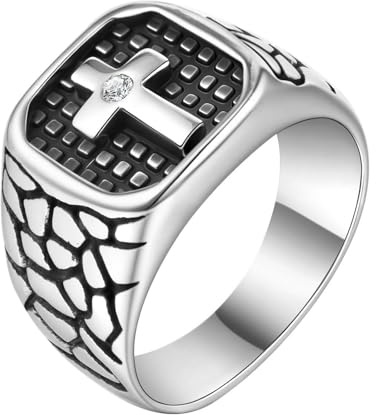 Calefee Hochzeit Ringe Schlicht Ehering, Edelstahlringe Herren Verlobungsring Siegelring Breit 12,8 mm mit Kreuz Und Zirkonia, Größe 54