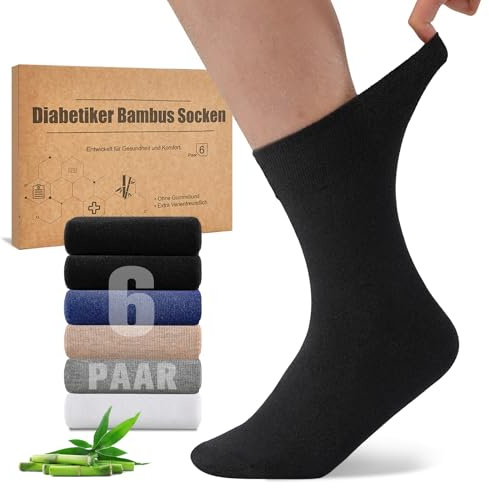 Niorasen Chaussettes Diabétiques en Bambou, 6 Paires de Chaussettes pour Diabétiques sans Elastique & sans Couture, Chaussette en Bambou avec Bordure Confortable pour Homme et Femme