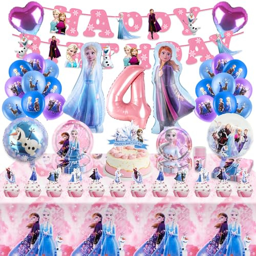 102 Stück Geburtstagsdeko 4 Jahre Mädchen, Partygeschirr Kindergeburtstag, Party Deko Kindergeburtstag, Prin-zessin Geschirr Party Ballon Tischdecke Servietten Teller Becher Luftballon