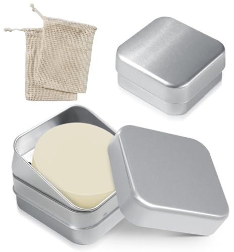 2 Pièces Boîte à Savon de Voyage, Boîte à Savon en Aluminium avec Grille d'Égouttage et Couvercle, Petite Boîte à Savon Carrée avec Sac à Savon, pour Savon à Raser Hommes