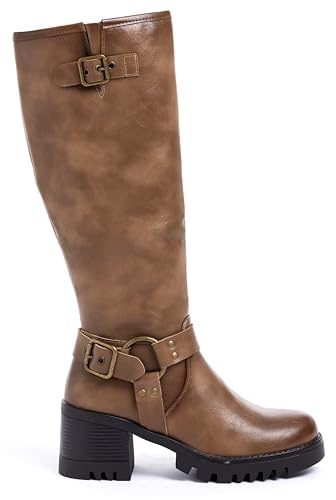 URBAN ROSA Stivali Donna Biker con Tacco a Blocco, Fibbie Decorative e Suola Antiscivolo – Stivali Moto alla Moda (Marrone, 40 EU, Adulto, 40, Numero, Sistema Taglie Calzature EU, Media)