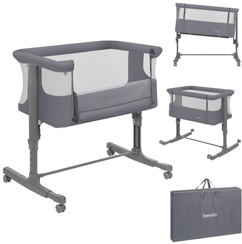 Lionelo Aurora 3 in 1 Babybett bis 9 kg, Beistellbett, Wiege | Höhenverstellug und Einstellung der Neigung der Matratze, 4 Räder mit Bremse Ergonomische Matratze Tasche