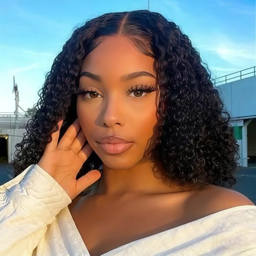 Perruque Sans Colle Cheveux Humain 4x4 Lace Bob Wig Deep Wave Perruque Femme Naturelle Sans Colle Cheveux Wear and Go 180% Densité Plucked Pre Cut Naturelle Couleur 14 Pouces