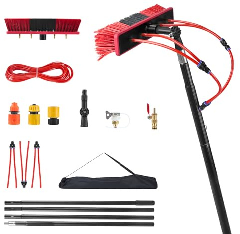 CUPCHID Teleskop Waschbürste mit Wasseranschluss, 4m Teleskopstange Fensterreinigung mit 180° verstellbarem Bürstenkopf & 4 integrierten Düsen, für Photovoltaikanlagen, Fenster, Wohnmobile & Auto