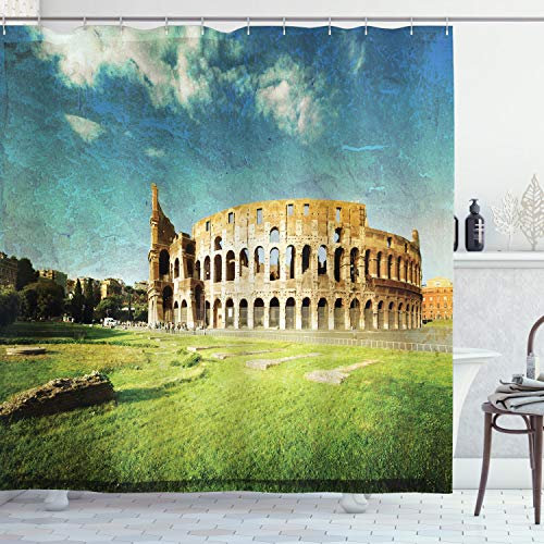 ABAKUHAUS Italien Duschvorhang, Italienisch Sunset Rom, Stoffliches Gewebe Badezimmerdekorationsset mit Haken, 175 x 200 cm, Grün blau