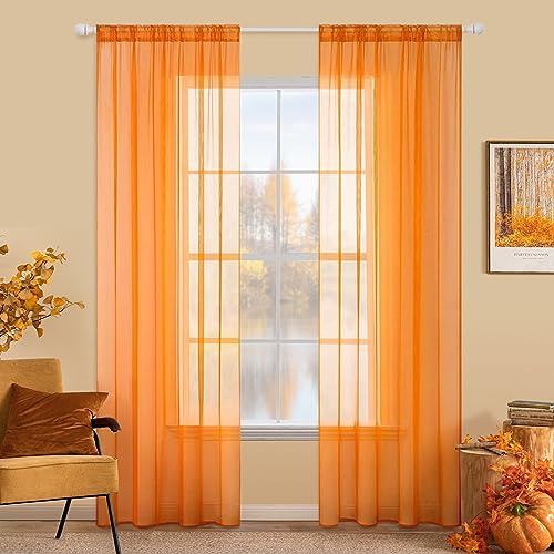 MIULEE Vorhänge Gardinen, Stangendurchzug Orange, 2er Set 260x140cm | Transparente Gardine aus Voile, Luftig Leicht, Einfarbig Dekoschal für Wohnzimmer & Schlafzimmer