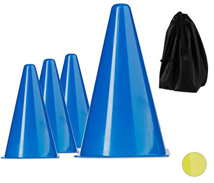 Relaxdays Leitkegel im 10er Set, stapelbar, mit Schnürbeutel, Trainingshilfe, Markierungshütchen, Sport, 22 cm, blau oder gelb, Standard