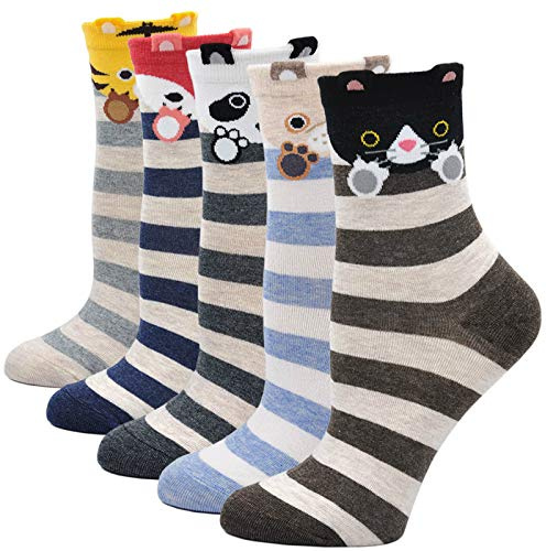 PUTUO Lustige Socken Damen Bunte Socken aus Baumwolle, Karikatur Tier Socken Damen Witzige Socken Frauen Weihnachtssocken Sneakersocken, 5 Paare