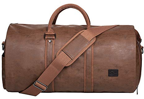 seyfocnia Carry On Garment Bag, Waterproof Mens Garment Bag for Travel Business, Large Leather Duffel Bag with Shoe Compartment -Brown