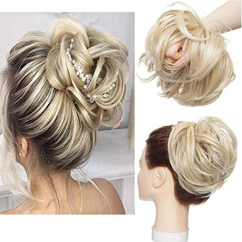 Tousled Updo Messy Bun Haarteil Haargummis Haarverlängerung Pferdeschwanz mit elastischen Haarteil Hair Extensions für Frauen Aschblond bis Bleichblond