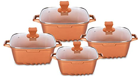 SQ Professional NEA Seramiq Square Die-Cast Aluminium Stockpot Set with Non-Stick Coating 4pc (Cuprum/Copper)