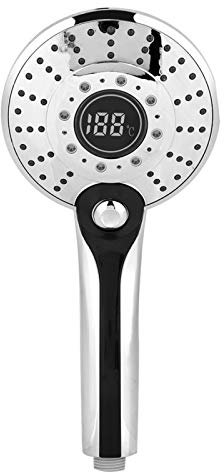 Cikonielf 5V LED Duschkopf ABS Digitalanzeige Handbrausekopf mit 3-Farben-Temperaturregelung LED-Licht 3 Sprühmodus Silber