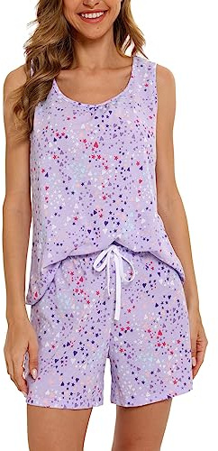ENJOYNIGHT Pijama corto de mujer para verano, conjunto de dos piezas sin mangas, camiseta y pantalones cortos, ropa de dormir de algodón, traje de casa, morado, 3XL