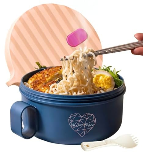 AI LOVE PEACE Microwave Noodle Bowl, BPA-Free 1200ml Soup Mug with Handles, Portable Ramen Container for Students & Offices, Pink