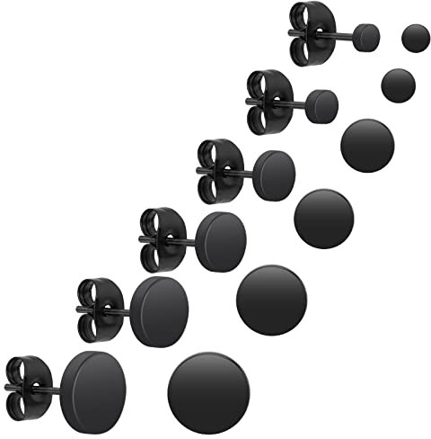 Yolev 6 Paar Dot Ohrstecker Schwarz Unisex Edelstahl Ohrstecker Runde Flat Top Ohrringe Schwarz Set Damen Herren Mädchen (3mm-8mm) Halloween Punk Rock Ohrstecker